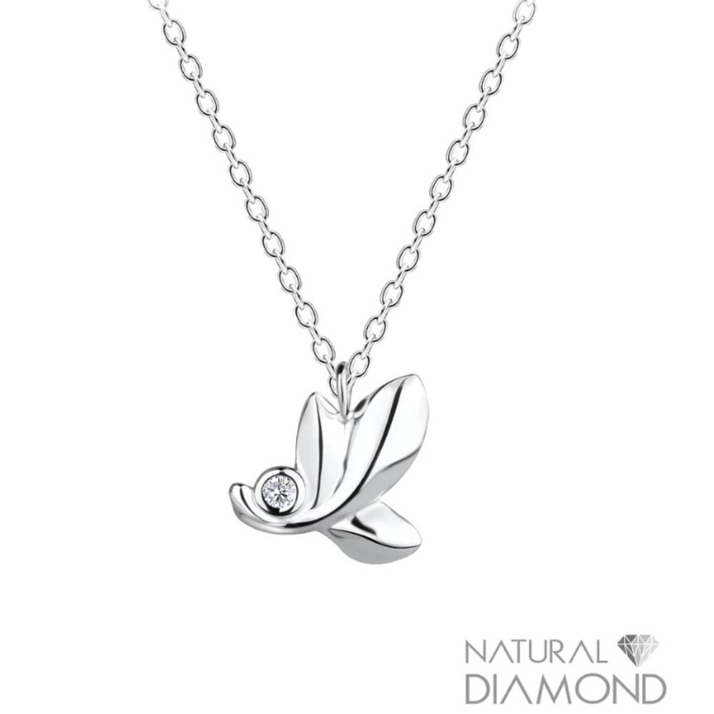 Sterling Silver Leaf Necklace With Natural Diamond